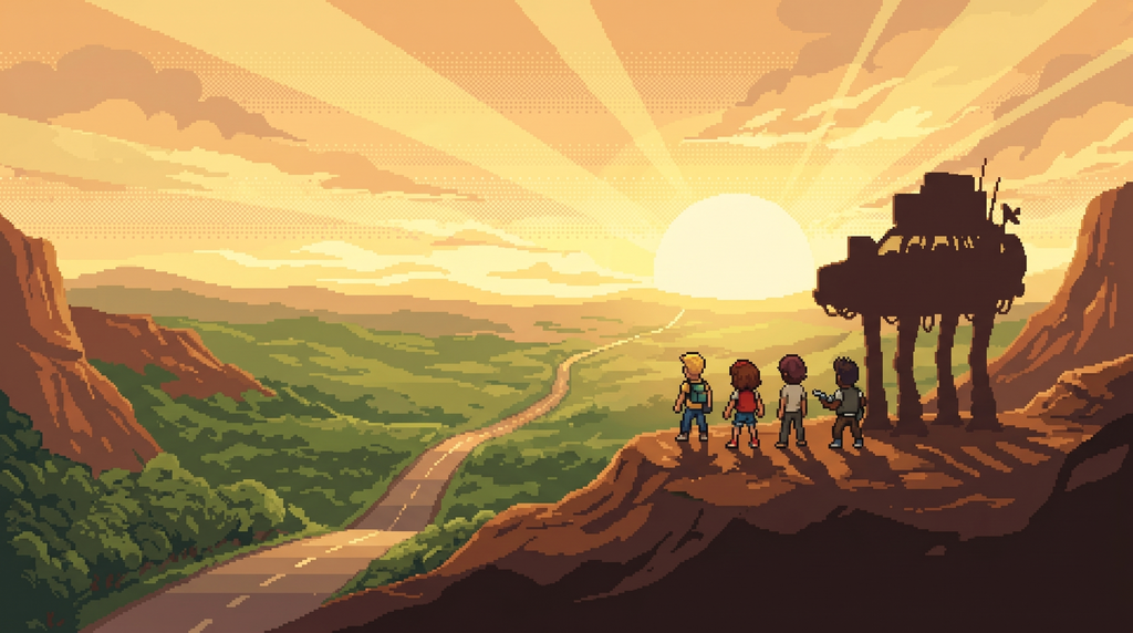 The hopeful ending scene — the crew and their mech on the road home.