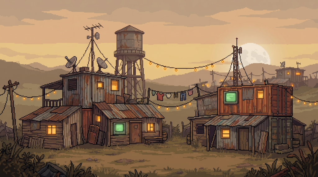 A patched-together wasteland settlement glowing at dusk.